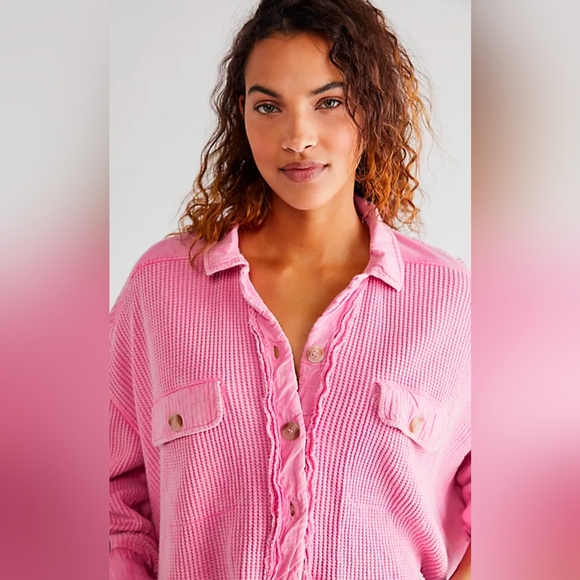Free People Tops - Free People One Scout Waffle Knit Jacket Pink Shacket